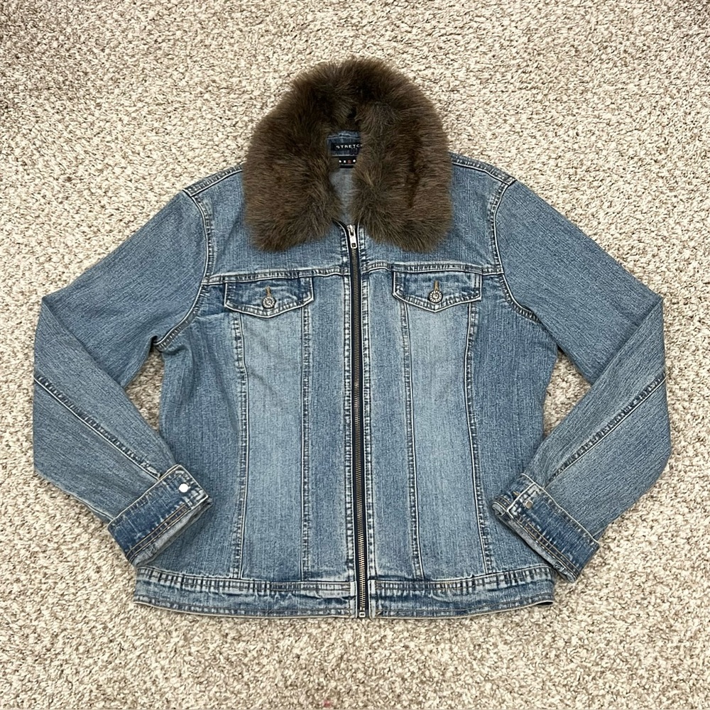 Vintage Y2K 2000s Liz Claiborne denim fur trim jacket